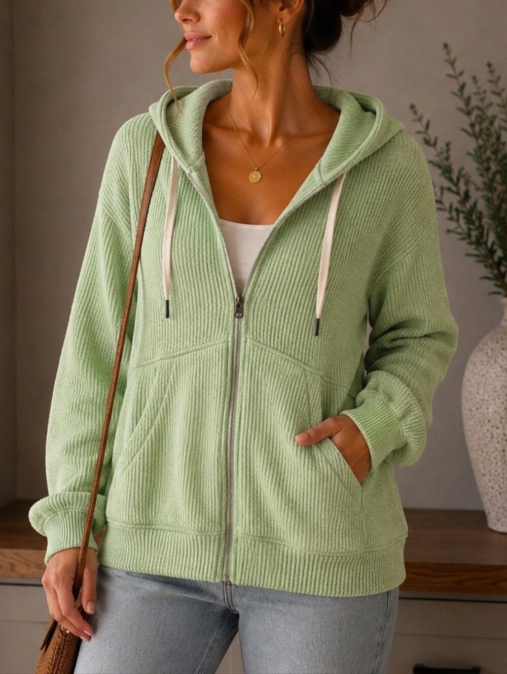 💙 Sierra Designs - Bright Green Waffle Knit Zip-Up Hoodie